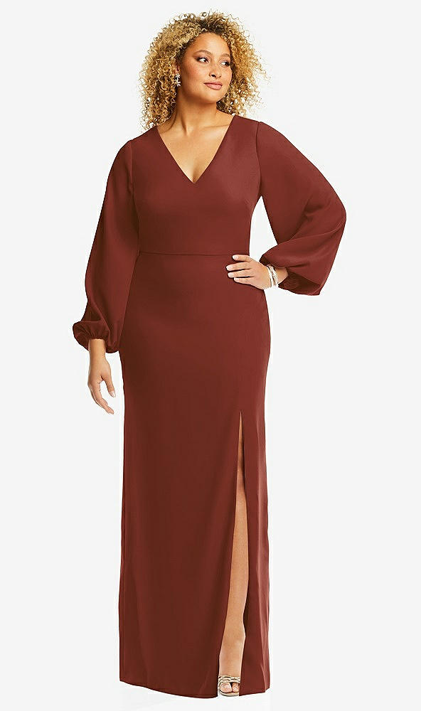 Front View - Auburn Moon Long Puff Sleeve V-Neck Trumpet Gown
