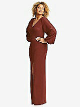 Side View Thumbnail - Auburn Moon Long Puff Sleeve V-Neck Trumpet Gown