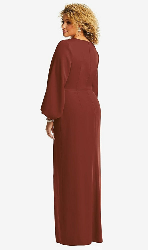 Back View - Auburn Moon Long Puff Sleeve V-Neck Trumpet Gown