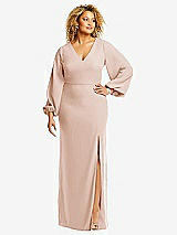 Front View Thumbnail - Cameo Long Puff Sleeve V-Neck Trumpet Gown