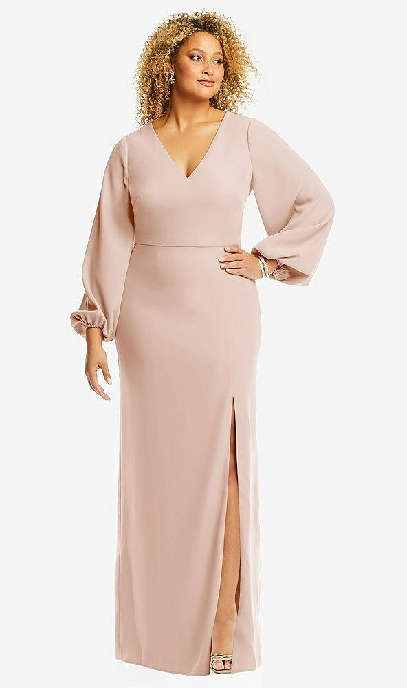 Front View - Cameo Long Puff Sleeve V-Neck Trumpet Gown