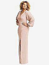 Side View Thumbnail - Cameo Long Puff Sleeve V-Neck Trumpet Gown
