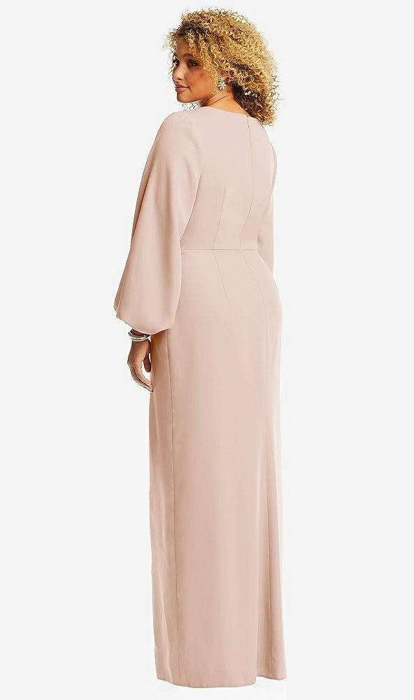 Back View - Cameo Long Puff Sleeve V-Neck Trumpet Gown