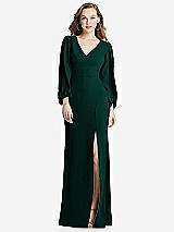 Alt View 1 Thumbnail - Evergreen Long Puff Sleeve V-Neck Trumpet Gown