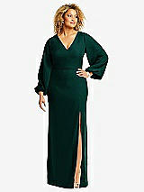 Front View Thumbnail - Evergreen Long Puff Sleeve V-Neck Trumpet Gown