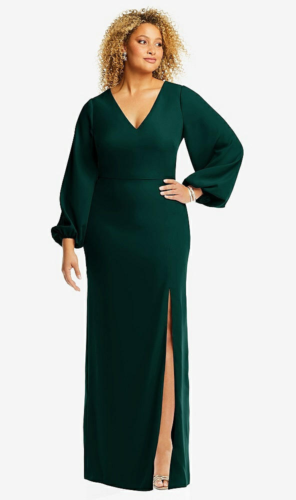 Front View - Evergreen Long Puff Sleeve V-Neck Trumpet Gown