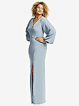 Side View Thumbnail - Mist Long Puff Sleeve V-Neck Trumpet Gown