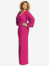 Side View Thumbnail - Think Pink Long Puff Sleeve V-Neck Trumpet Gown