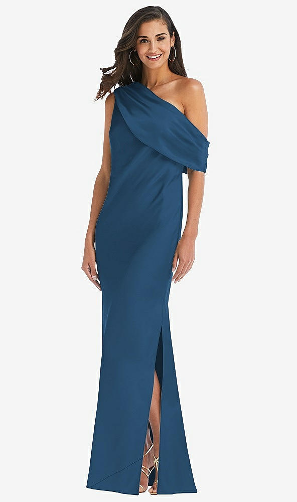 Front View - Dusk Blue Draped One-Shoulder Convertible Maxi Slip Dress