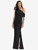 Front View Thumbnail - Black Draped One-Shoulder Convertible Maxi Slip Dress
