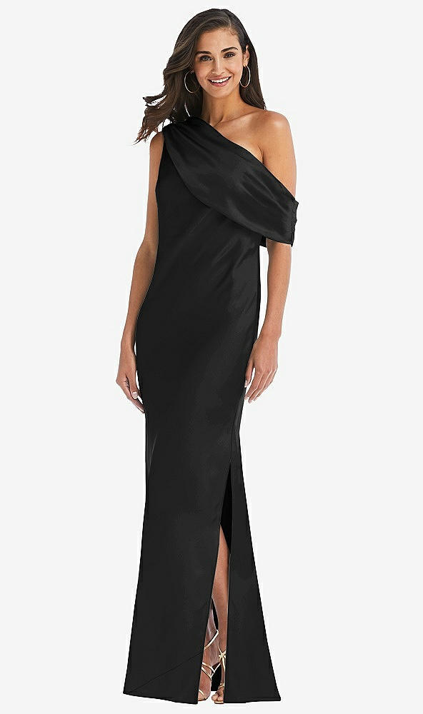 Front View - Black Draped One-Shoulder Convertible Maxi Slip Dress