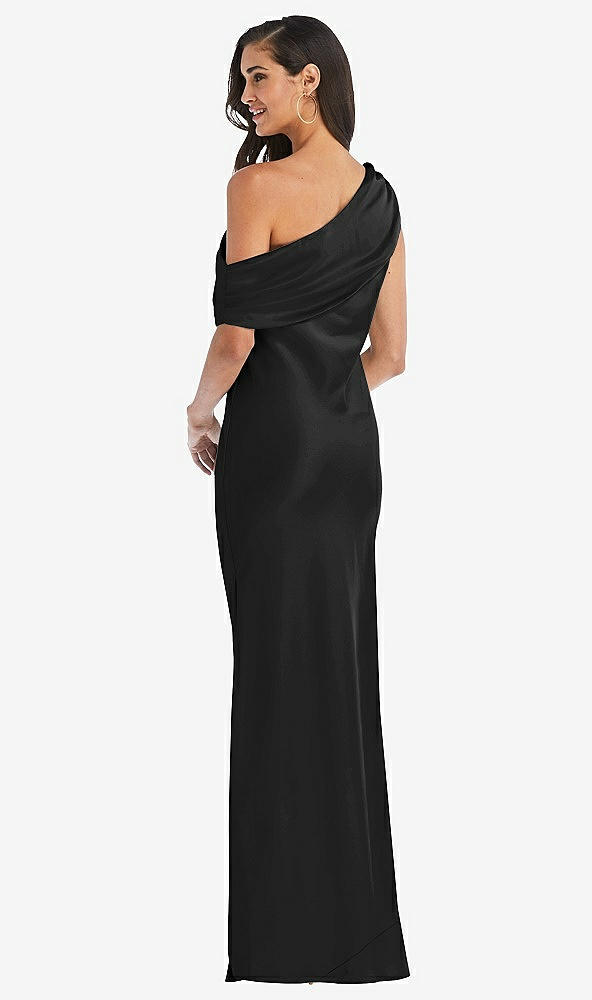 Back View - Black Draped One-Shoulder Convertible Maxi Slip Dress
