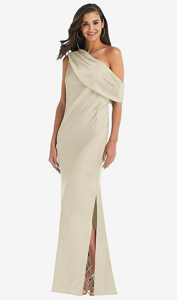 Front View - Champagne Draped One-Shoulder Convertible Maxi Slip Dress