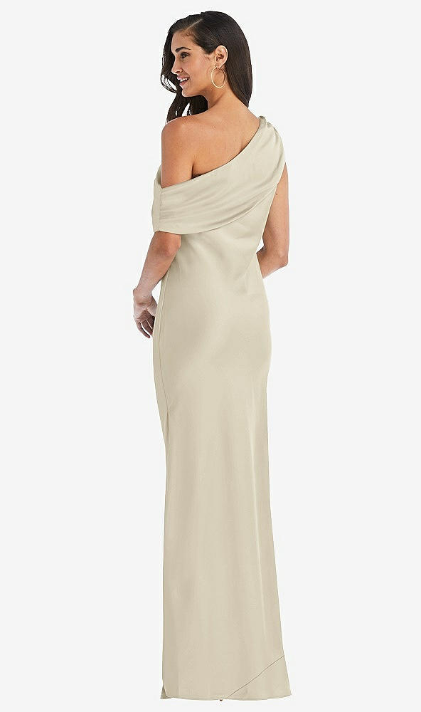 Back View - Champagne Draped One-Shoulder Convertible Maxi Slip Dress