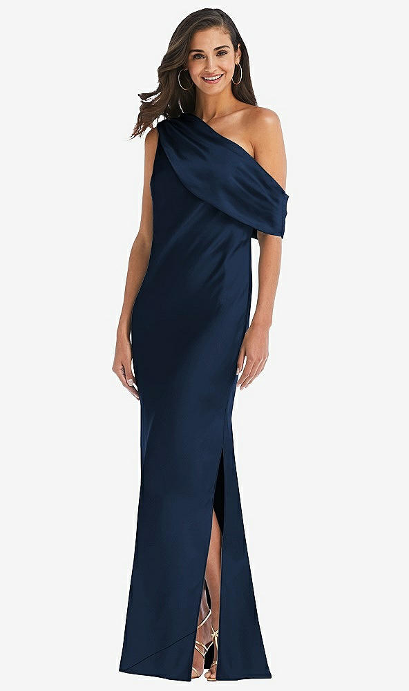 Front View - Midnight Navy Draped One-Shoulder Convertible Maxi Slip Dress