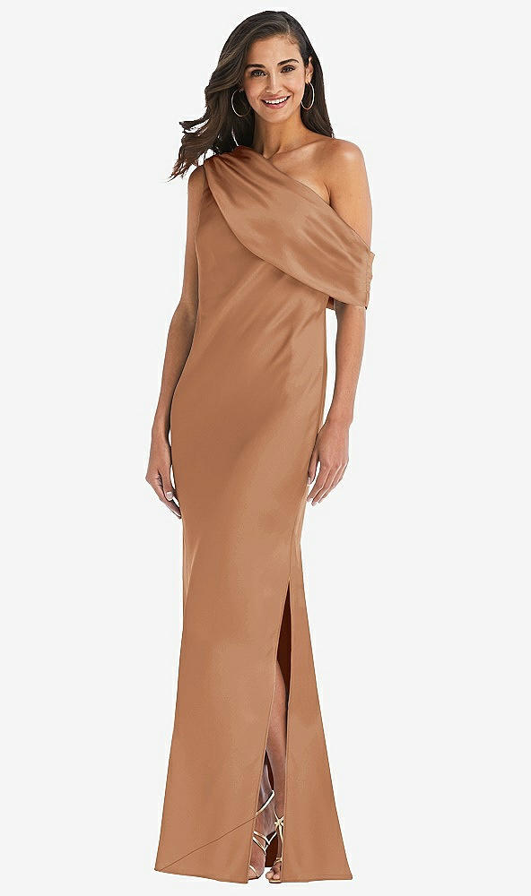 Front View - Toffee Draped One-Shoulder Convertible Maxi Slip Dress