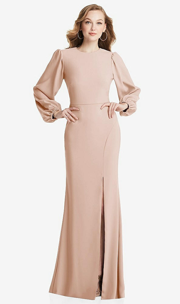 Back View - Cameo Long Puff Sleeve Maxi Dress with Cutout Tie-Back