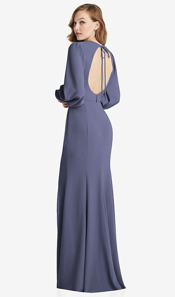 Front View - French Blue Long Puff Sleeve Maxi Dress with Cutout Tie-Back