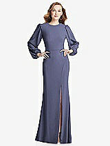 Rear View Thumbnail - French Blue Long Puff Sleeve Maxi Dress with Cutout Tie-Back
