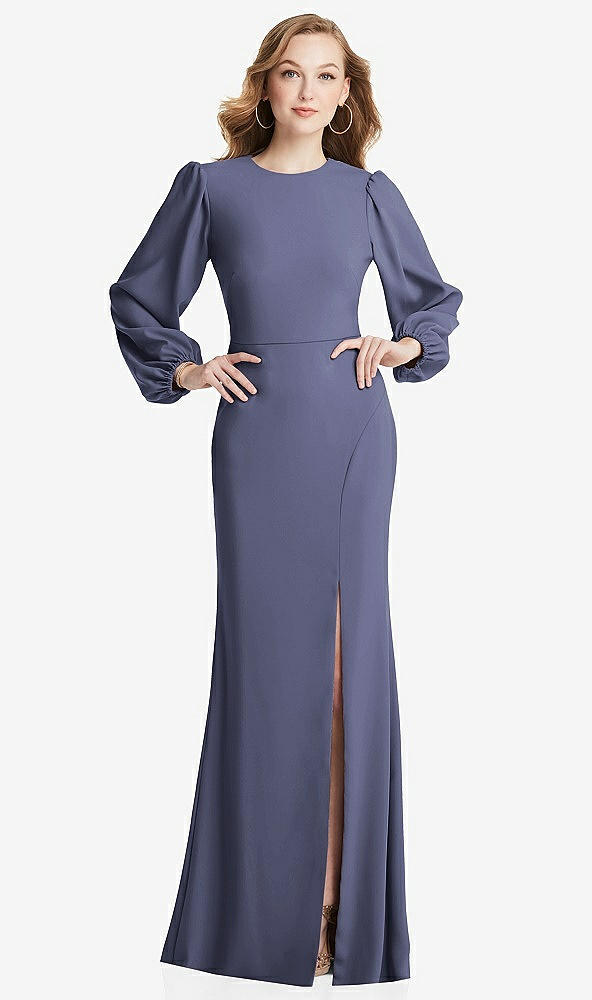 Back View - French Blue Long Puff Sleeve Maxi Dress with Cutout Tie-Back