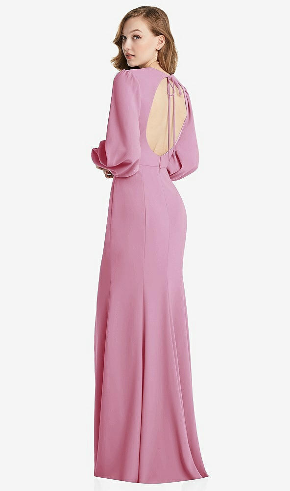 Front View - Powder Pink Long Puff Sleeve Maxi Dress with Cutout Tie-Back
