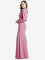 Side View Thumbnail - Powder Pink Long Puff Sleeve Maxi Dress with Cutout Tie-Back