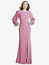 Rear View Thumbnail - Powder Pink Long Puff Sleeve Maxi Dress with Cutout Tie-Back