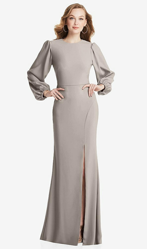 Back View - Taupe Long Puff Sleeve Maxi Dress with Cutout Tie-Back