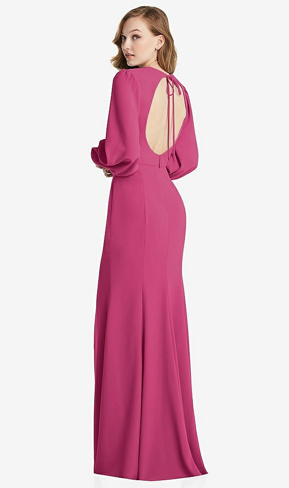 Front View - Tea Rose Long Puff Sleeve Maxi Dress with Cutout Tie-Back