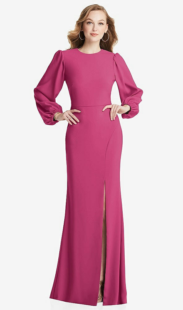 Back View - Tea Rose Long Puff Sleeve Maxi Dress with Cutout Tie-Back