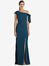 Front View Thumbnail - Atlantic Blue Off-the-Shoulder Tie Detail Trumpet Gown with Front Slit