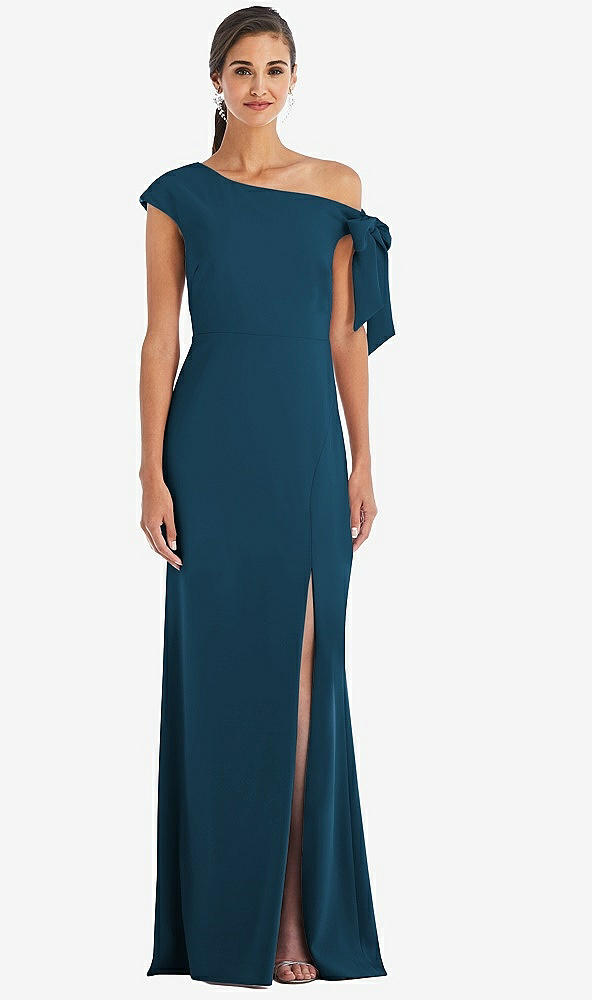 Front View - Atlantic Blue Off-the-Shoulder Tie Detail Trumpet Gown with Front Slit