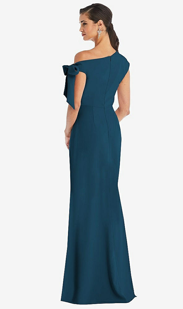 Back View - Atlantic Blue Off-the-Shoulder Tie Detail Trumpet Gown with Front Slit