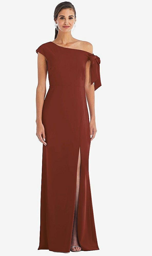 Front View - Auburn Moon Off-the-Shoulder Tie Detail Trumpet Gown with Front Slit
