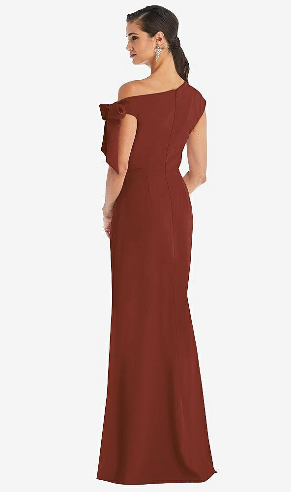 Back View - Auburn Moon Off-the-Shoulder Tie Detail Trumpet Gown with Front Slit