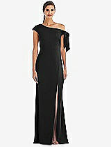 Front View Thumbnail - Black Off-the-Shoulder Tie Detail Trumpet Gown with Front Slit