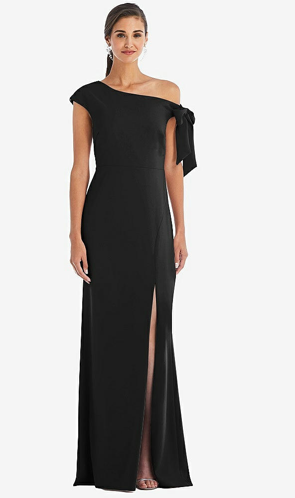 Front View - Black Off-the-Shoulder Tie Detail Trumpet Gown with Front Slit