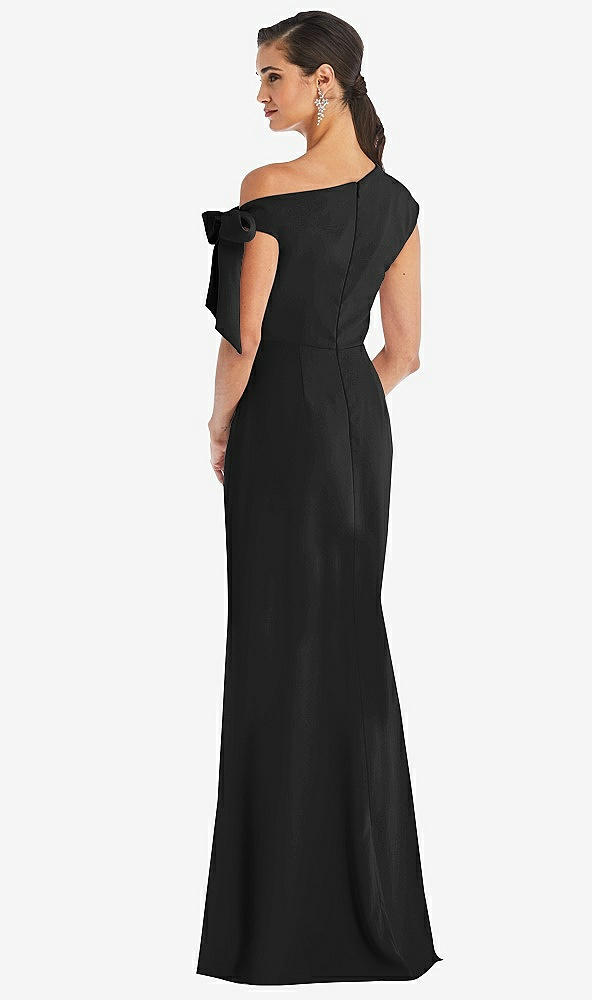 Back View - Black Off-the-Shoulder Tie Detail Trumpet Gown with Front Slit