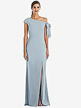Front View Thumbnail - Mist Off-the-Shoulder Tie Detail Trumpet Gown with Front Slit