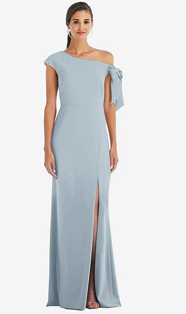 Front View - Mist Off-the-Shoulder Tie Detail Trumpet Gown with Front Slit