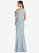 Rear View Thumbnail - Mist Off-the-Shoulder Tie Detail Trumpet Gown with Front Slit