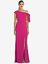 Front View Thumbnail - Think Pink Off-the-Shoulder Tie Detail Trumpet Gown with Front Slit