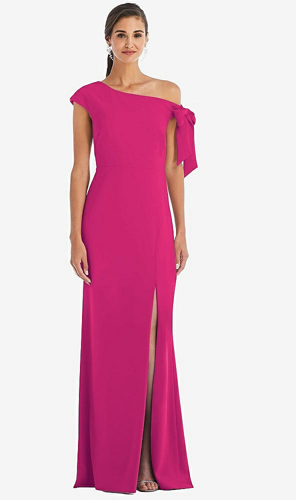 Front View - Think Pink Off-the-Shoulder Tie Detail Trumpet Gown with Front Slit