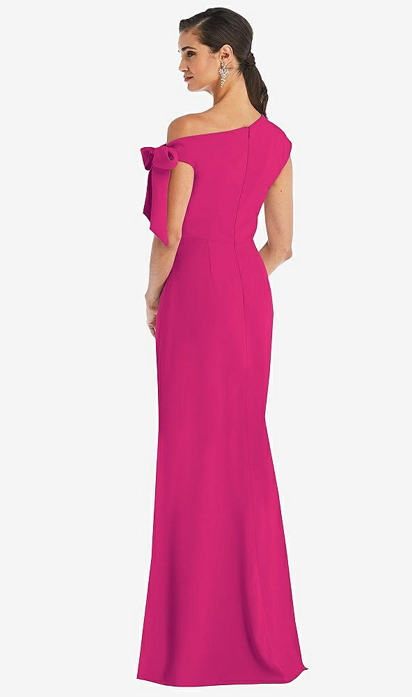 Back View - Think Pink Off-the-Shoulder Tie Detail Trumpet Gown with Front Slit