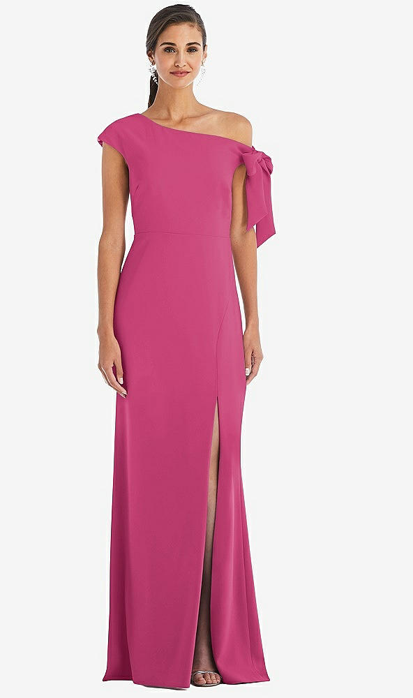 Front View - Tea Rose Off-the-Shoulder Tie Detail Trumpet Gown with Front Slit