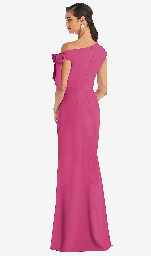 Back View - Tea Rose Off-the-Shoulder Tie Detail Trumpet Gown with Front Slit
