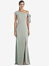 Front View Thumbnail - Willow Green Off-the-Shoulder Tie Detail Trumpet Gown with Front Slit