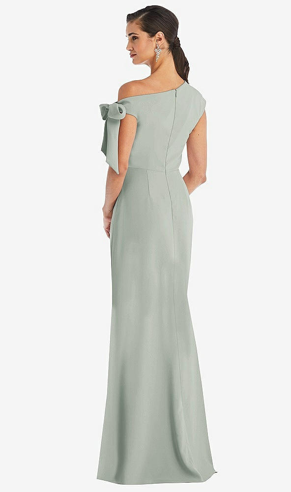 Back View - Willow Green Off-the-Shoulder Tie Detail Trumpet Gown with Front Slit