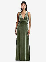Front View Thumbnail - Sage Plunging Neckline Velvet Maxi Dress with Criss Cross Open-Back