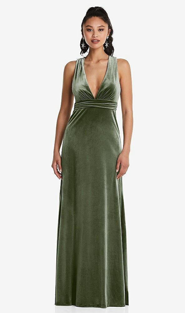 Front View - Sage Plunging Neckline Velvet Maxi Dress with Criss Cross Open-Back